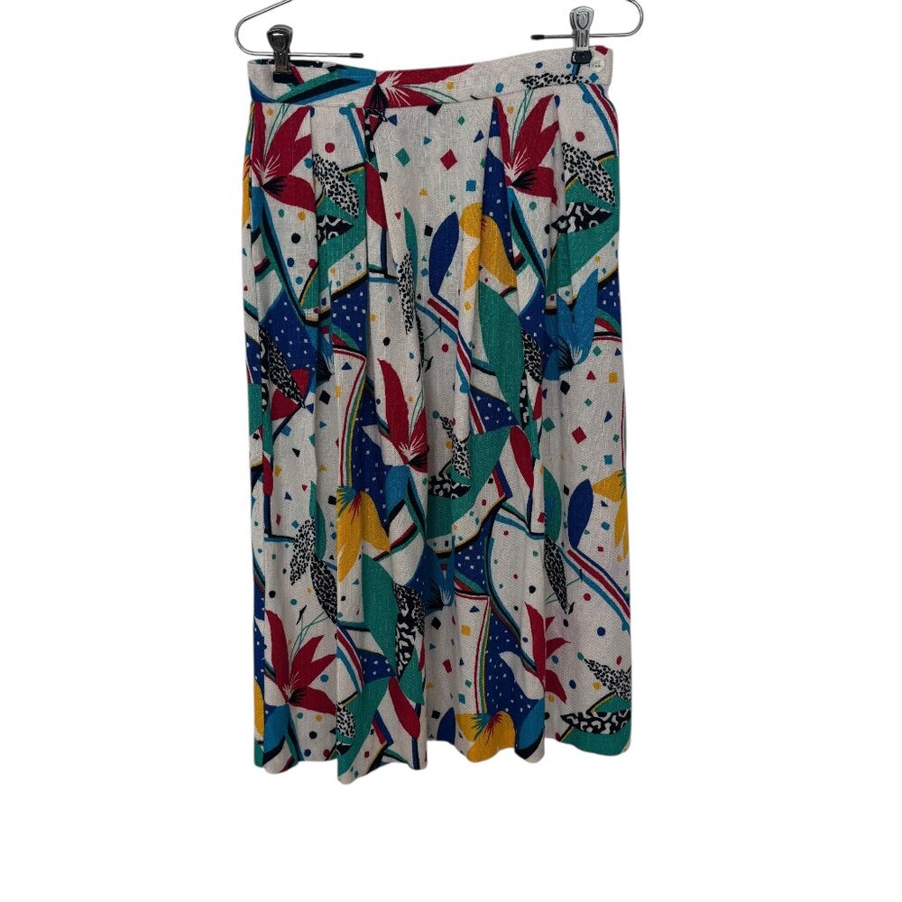 VINTAGE 1980's Linen Midi Skirt Abstract Art Multi Colors Retro Y2K Size SMALL